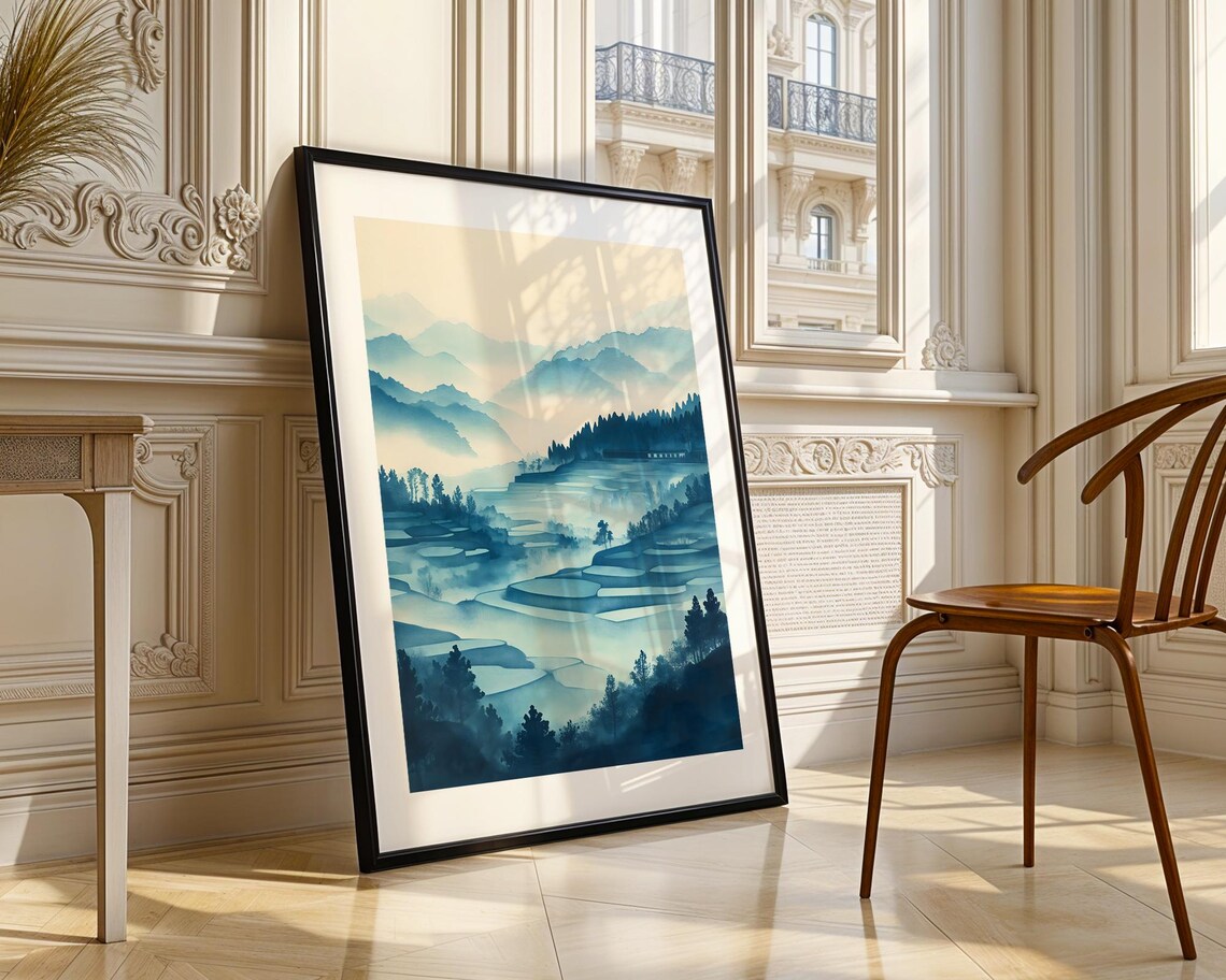 Blue Rice Terraces Mountain Misty Watercolor Japanese Art Poster - Image 3