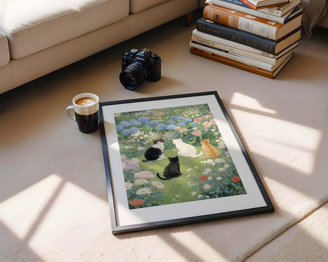 Four Cats in Flower Garden Hydrangea Rose Watercolor Style Poster - Image 5