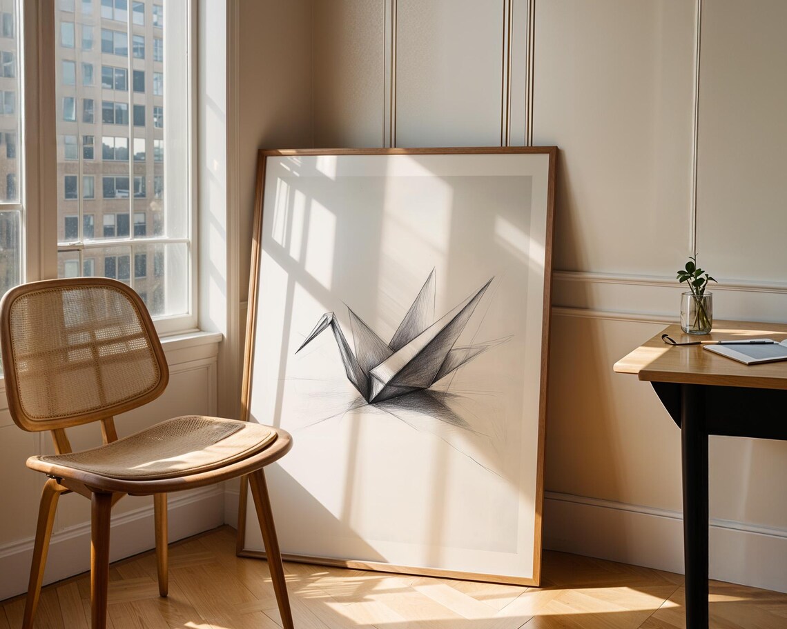 Delicate Origami Paper Crane Pencil Sketch Minimalist Art Poster - Image 4
