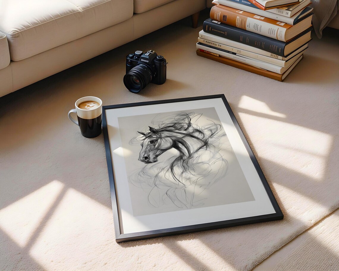 Horse Head Ethereal Flowing Mane Monochrome Sketch Equestrian Art Poster - Image 4