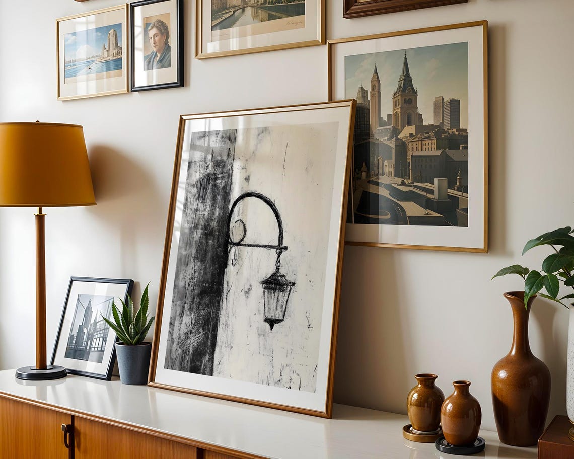Vintage Street Lamp Charcoal Sketch Black and White Art Poster - Image 6