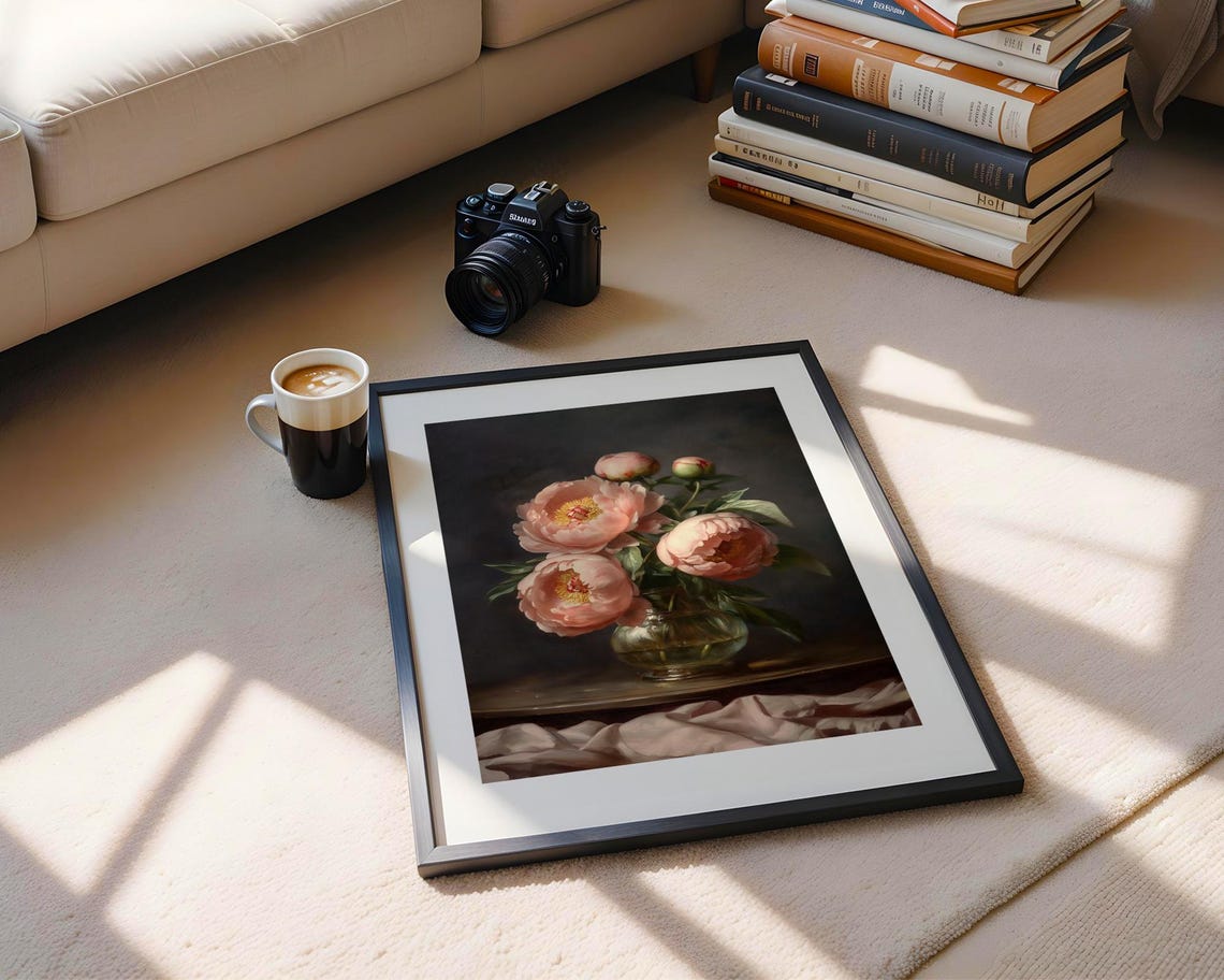 Pink Peonies Vase Moody Dark Background Vintage Still Life Poster - Image 5