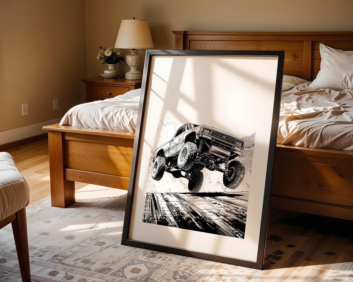 Lifted Off Road Truck Jump Halftone Sketch Automotive Poster - Image 4