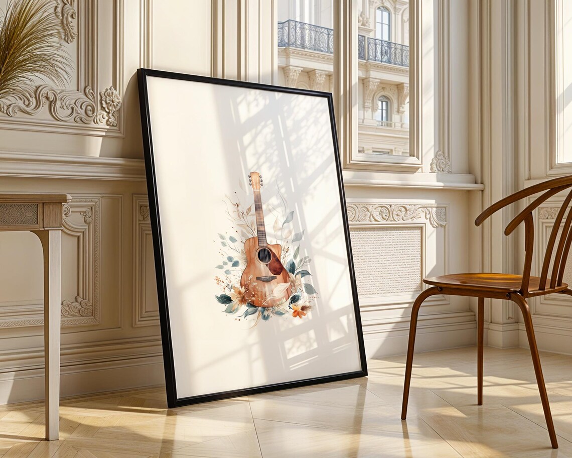 Acoustic Guitar Watercolor Botanical Floral Music Room Wall Art - Image 4