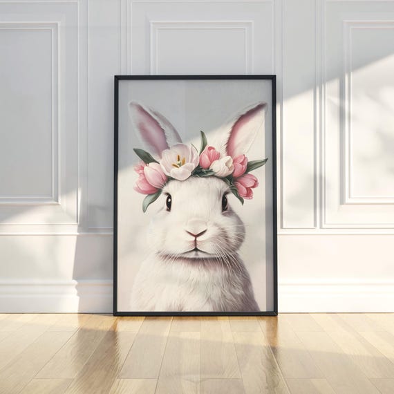 Cute Easter Bunny Floral Crown Nursery Painting Poster Wall Art Print Modern Home Kid Playroom Decor Artwork Gift