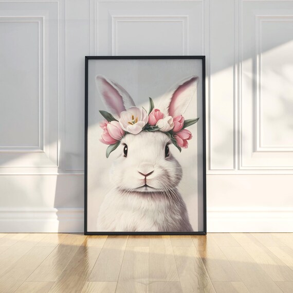 Sweet White Bunny Pink Floral Crown Nursery Easter Art Poster