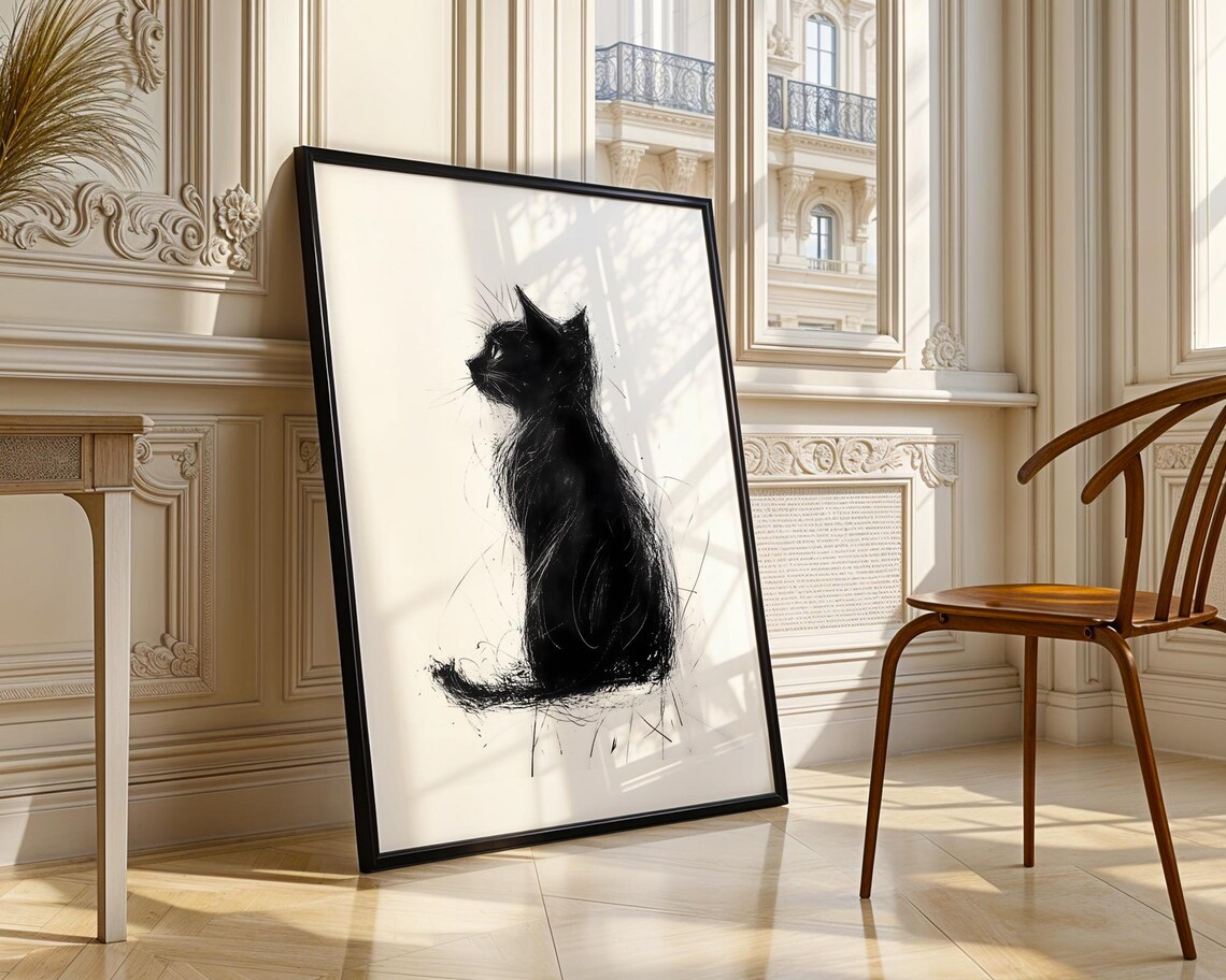 Black Cat Silhouette Ink Sketch Minimalist Feline Animal Wall Art - Image 4