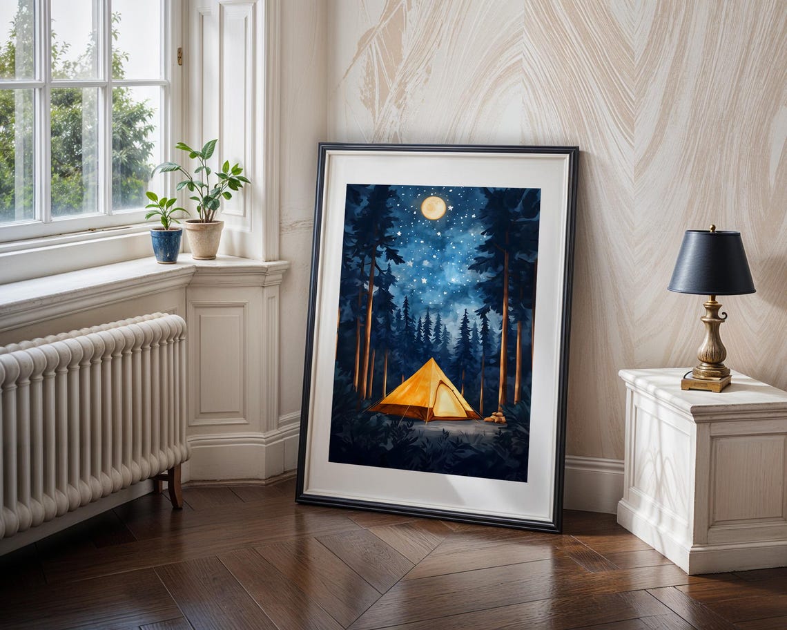 Night Camping Under Starry Sky Glowing Tent Forest Painting Poster - Image 5