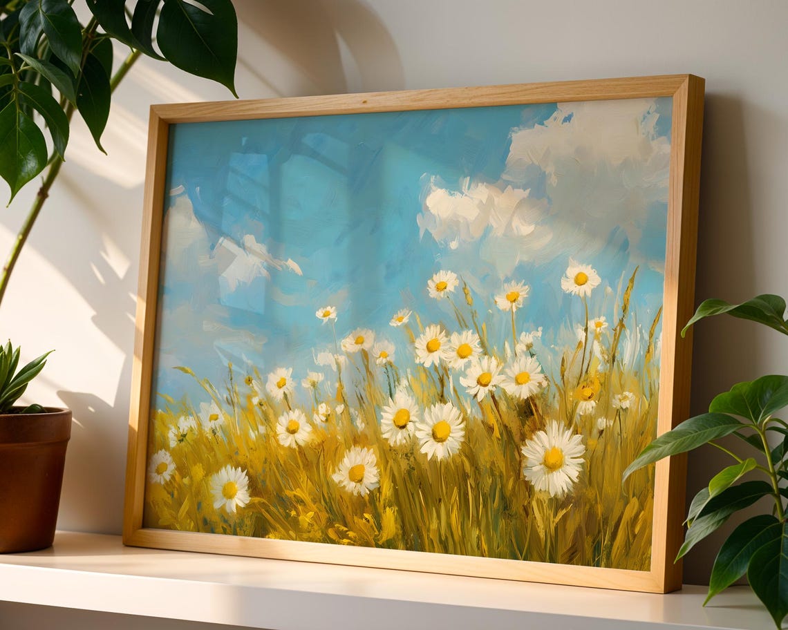 Wild Daisies Golden Wheat Field Blue Sky Summer Meadow Wall Art - Image 4
