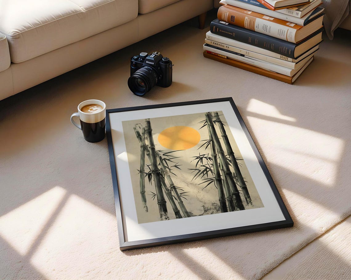 Serene Bamboo Forest Golden Sun Japanese Ink Wash Painting Poster - Image 6