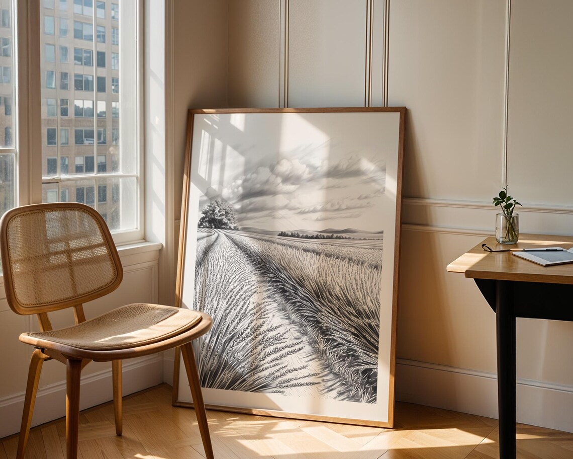 Expansive Wheat Field Monochrome Pencil Sketch Serene Rural Poster - Image 3