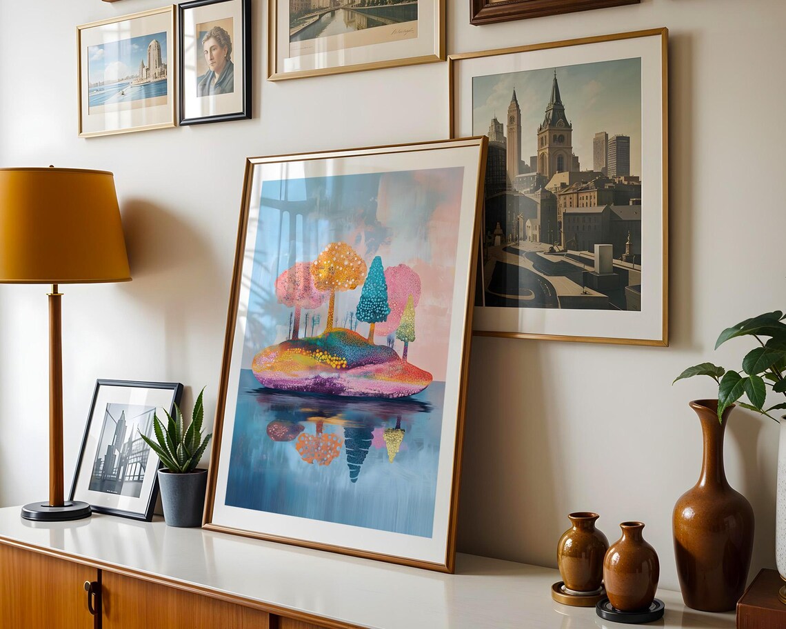 Whimsical Colorful Island Trees Reflecting in Water Art Poster - Image 5