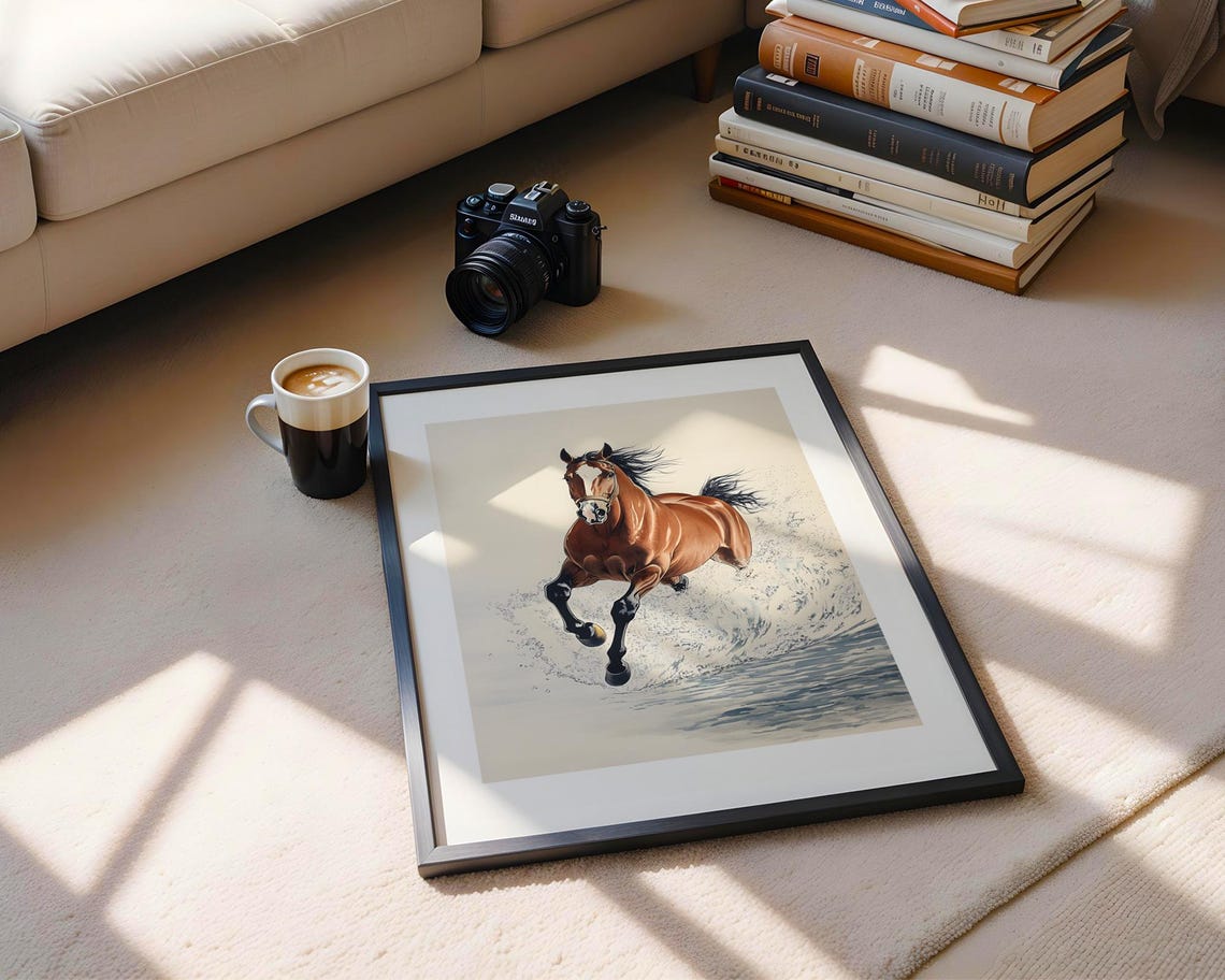 Running Horse Water Splash Brown Stallion Wildlife Painting Poster - Image 6