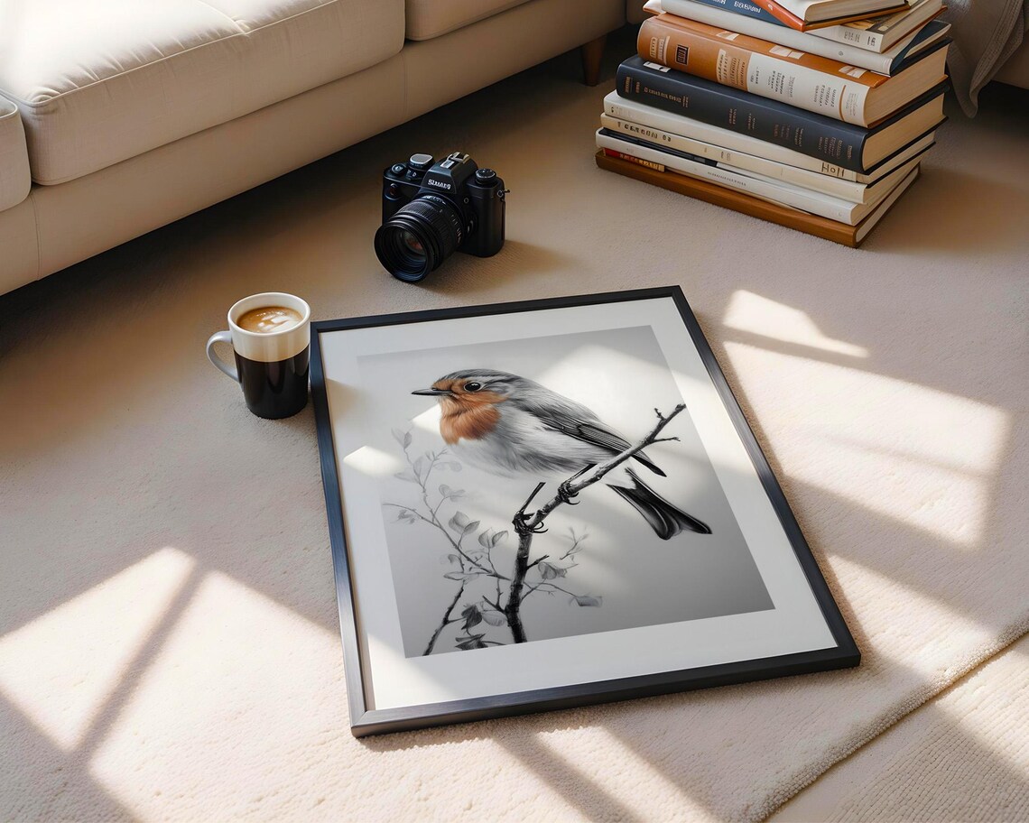 European Robin Perched On Branch Delicate Monochrome Bird Sketch Poster - Image 4