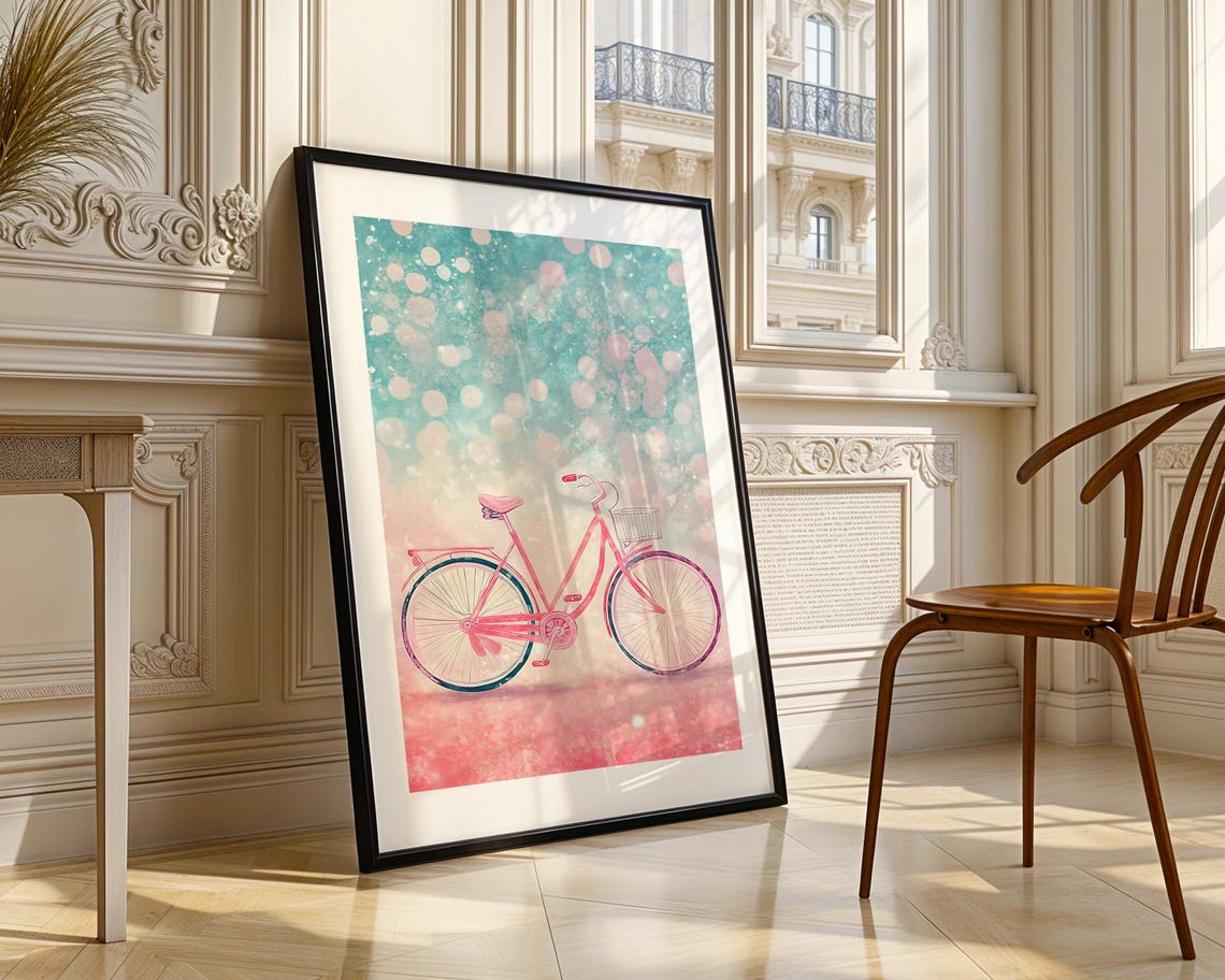 Cute Whimsical Pink Bicycle Pastel Bokeh Retro Bike Art Poster - Image 2