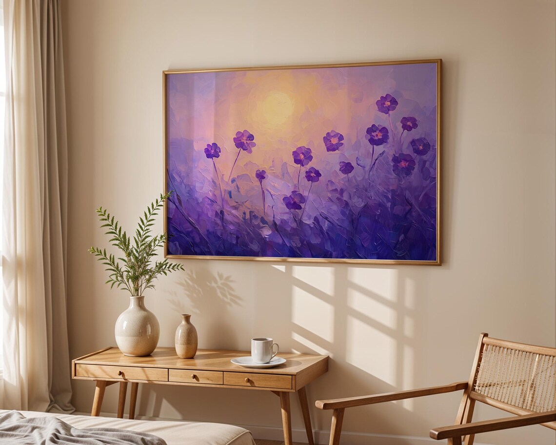 Purple Cosmos Misty Sunrise Lavender Field Dreamy Art Poster - Image 5