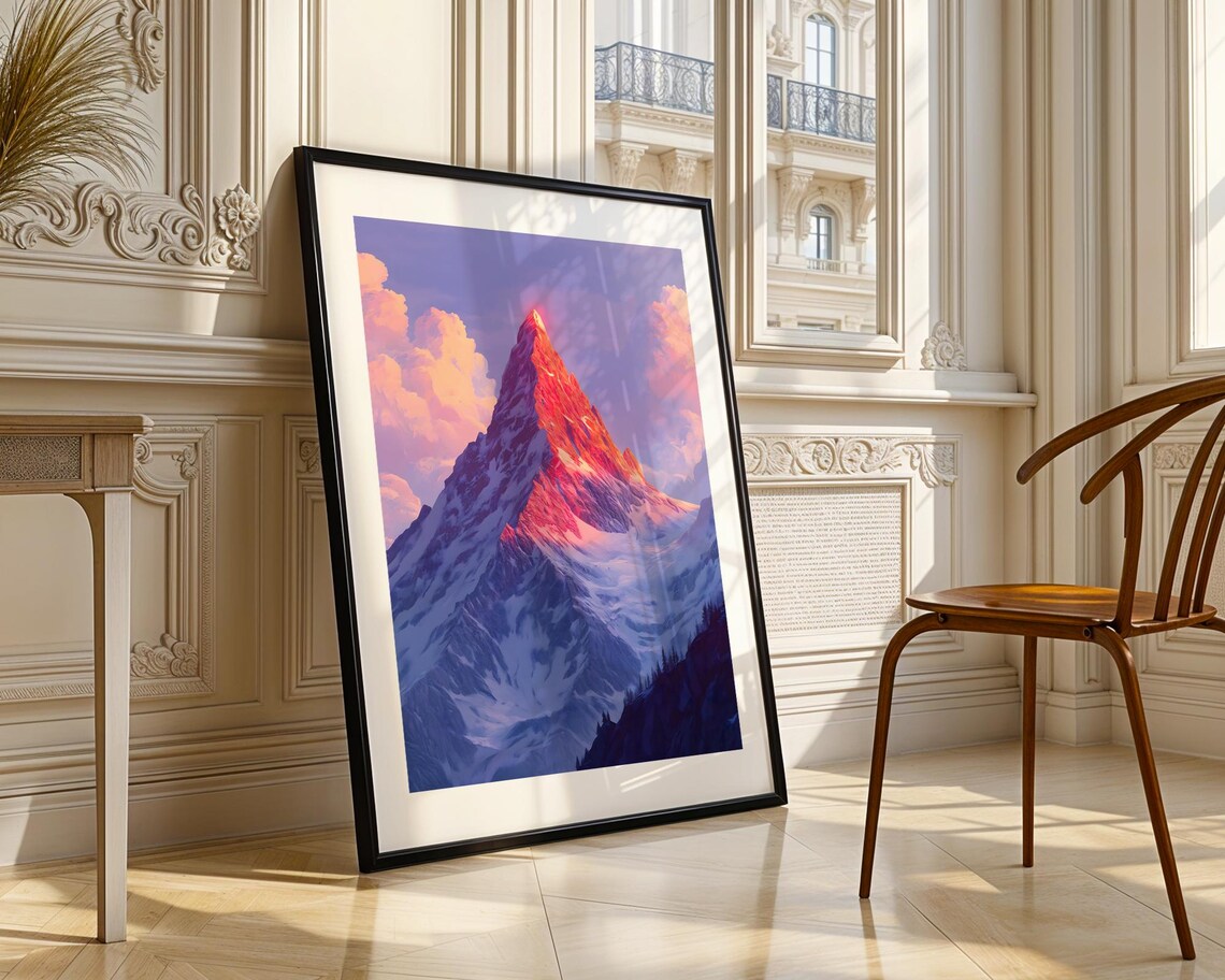 Snowy Mountain Peak at Sunrise Art Poster with Pink Alpenglow - Image 3