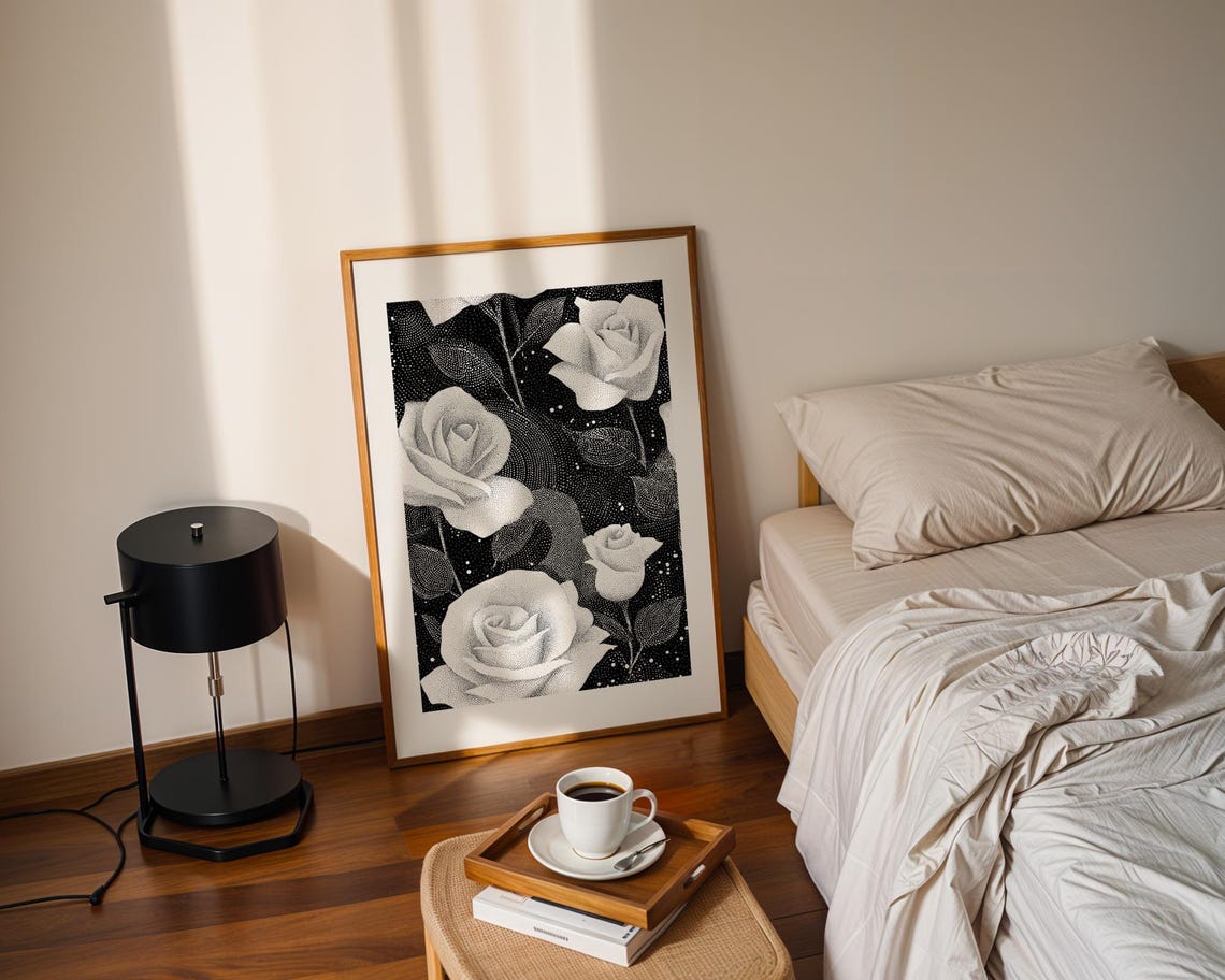 Dramatic White Roses On Black Stipple Art Floral Pointillism Poster - Image 3