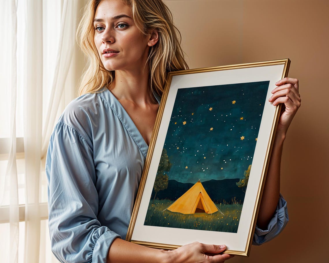 Glowing Yellow Tent Under Starry Night Camping Adventure Poster - Image 2