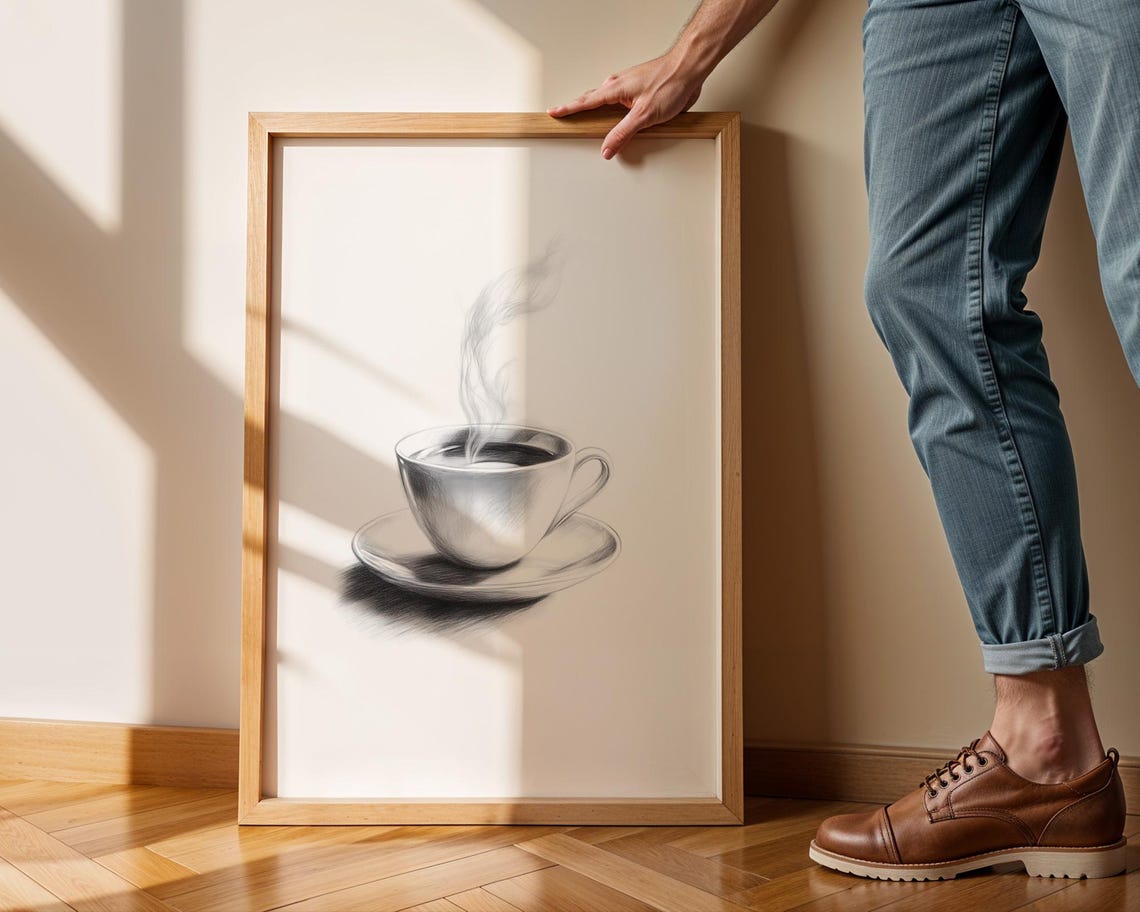 Steaming Coffee Cup On Saucer Realistic Pencil Sketch Poster - Image 2