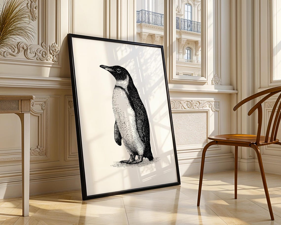 Penguin Vintage Engraving Black White Bird Illustration Poster - Image 4