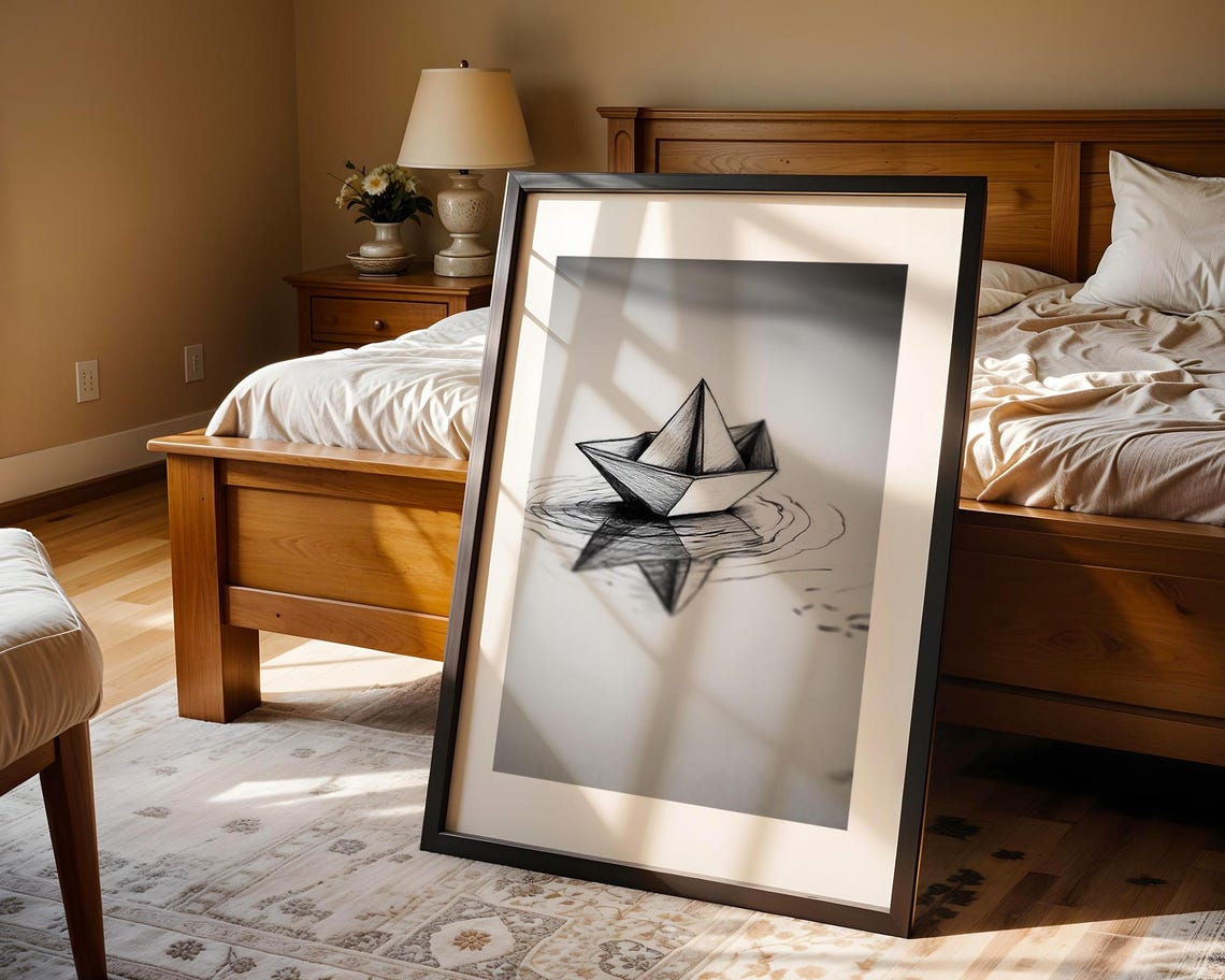 Origami Paper Boat Sketch Calm Water Reflection Drawing Poster - Image 4