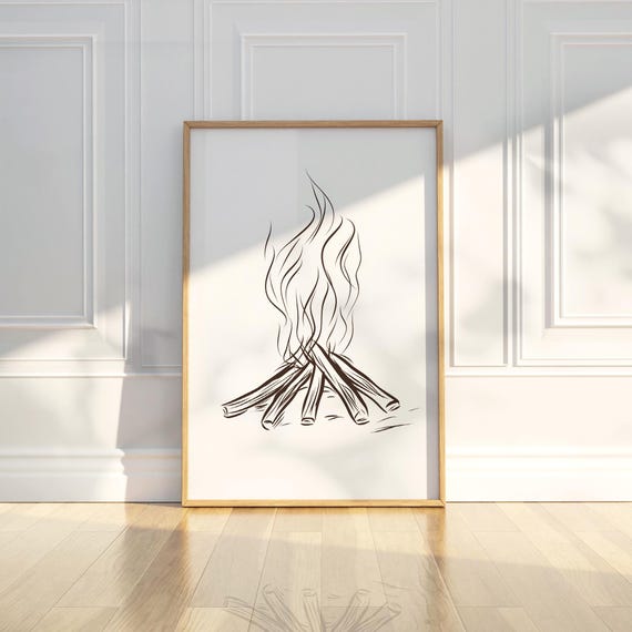 Minimalist Campfire Line Art Print Cozy Nature Inspired Wall Decor Simple Fire Drawing Illustration Modern Home Outdoor Lovers Gift