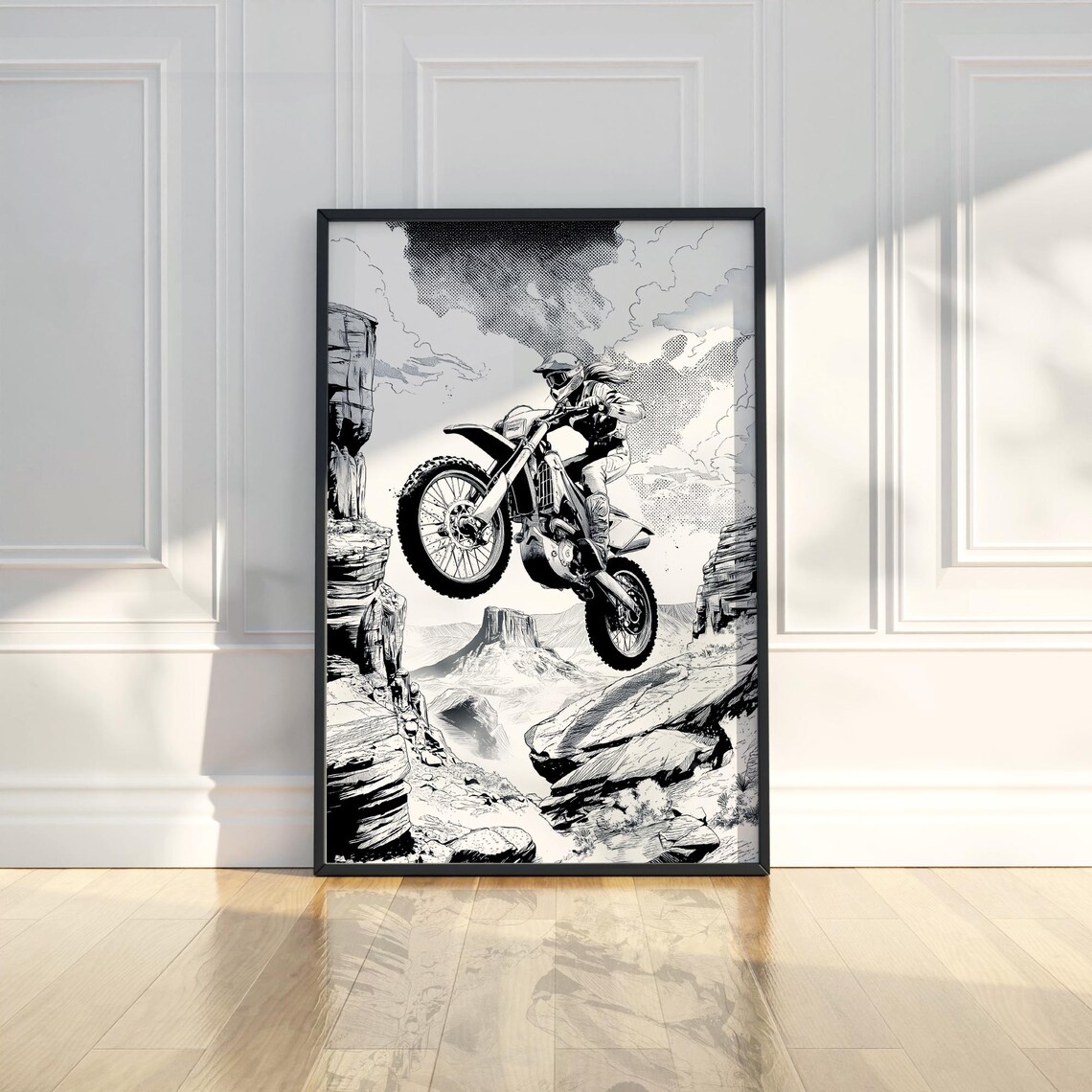 Dirt Bike Rider Jump Comic Style Black White Adventure Poster