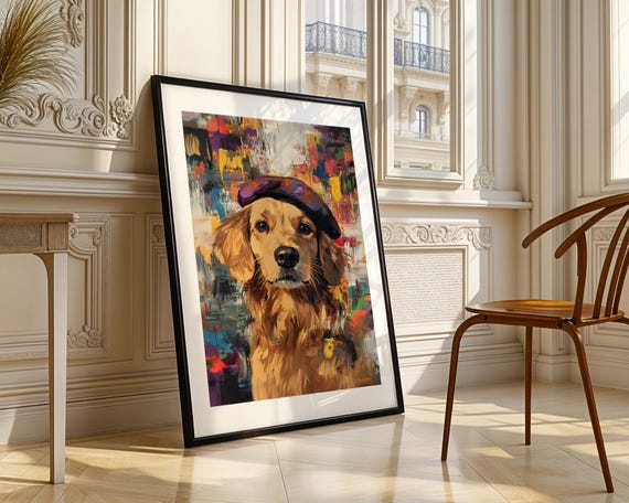 Charming Golden Retriever In Beret Wall Art Print Trendy Decor Prints Whimsical Funny Dog Portrait
