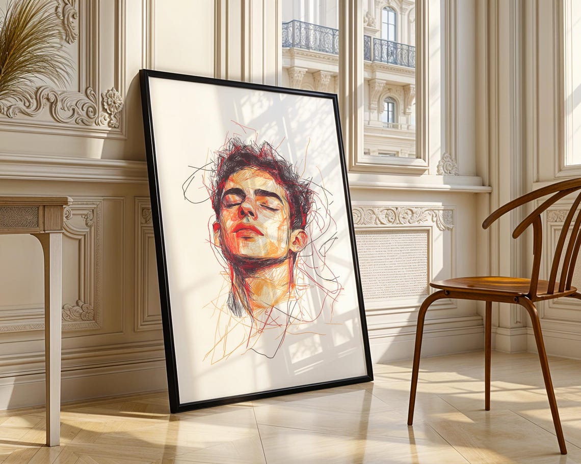 Abstract Male Portrait Colorful Line Art Contemporary Drawing Poster - Image 3
