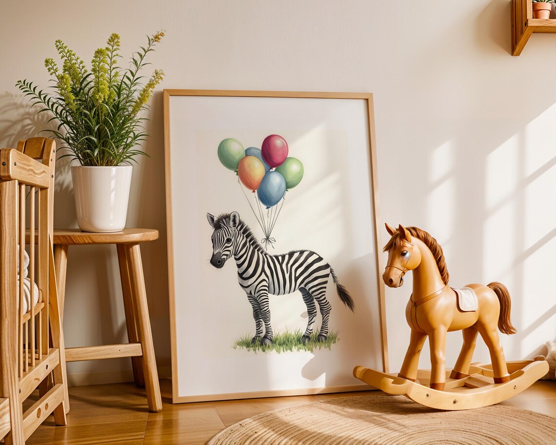 Cute Zebra With Colorful Balloons Whimsical Nursery Art Poster - Image 3