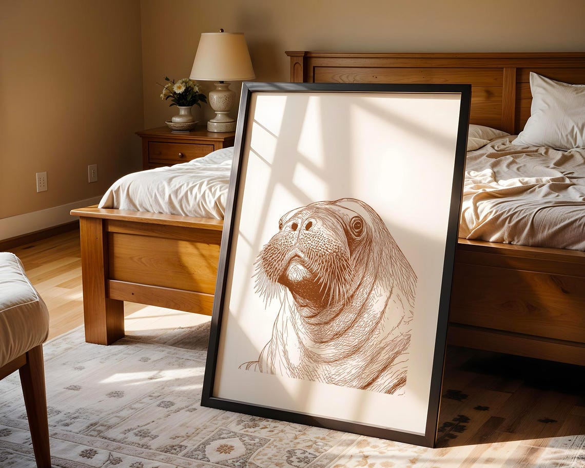 Hand Drawn Walrus Portrait Sepia Ink Line Art Sea Animal Sketch Poster - Image 5