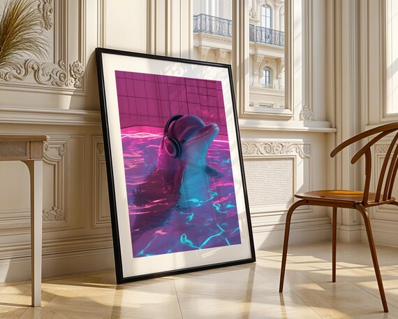 Funny Dolphin With Headphones In Pool Wall Art Print Trendy Decor Prints Whimsical Sea Animal Ocean Gift