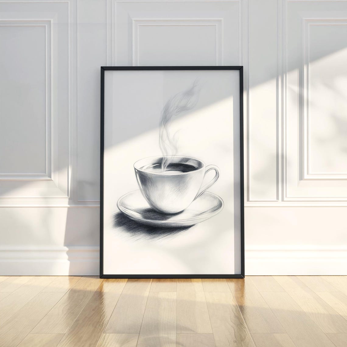 Steaming Coffee Cup On Saucer Realistic Pencil Sketch Poster