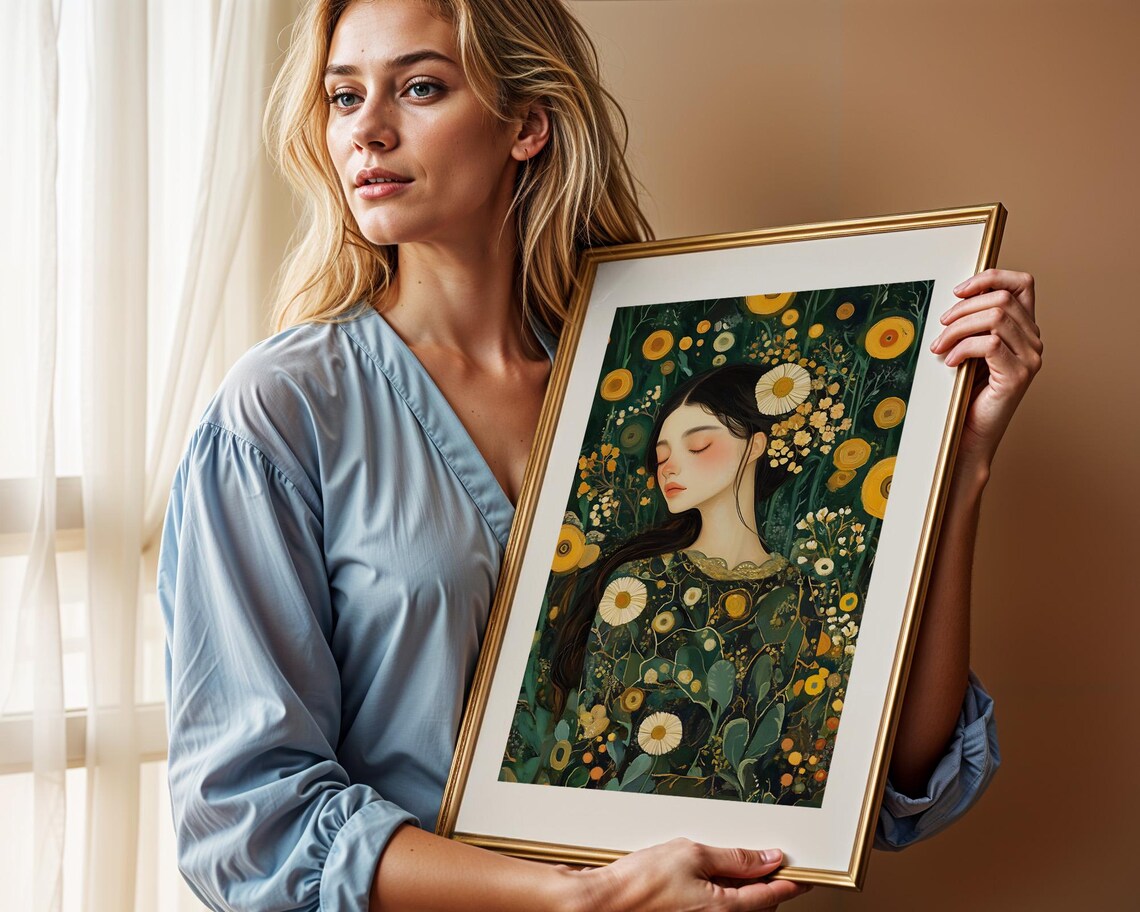 Botanical Woman Daisy Garden Portrait Art Floral Beauty Poster - Image 2