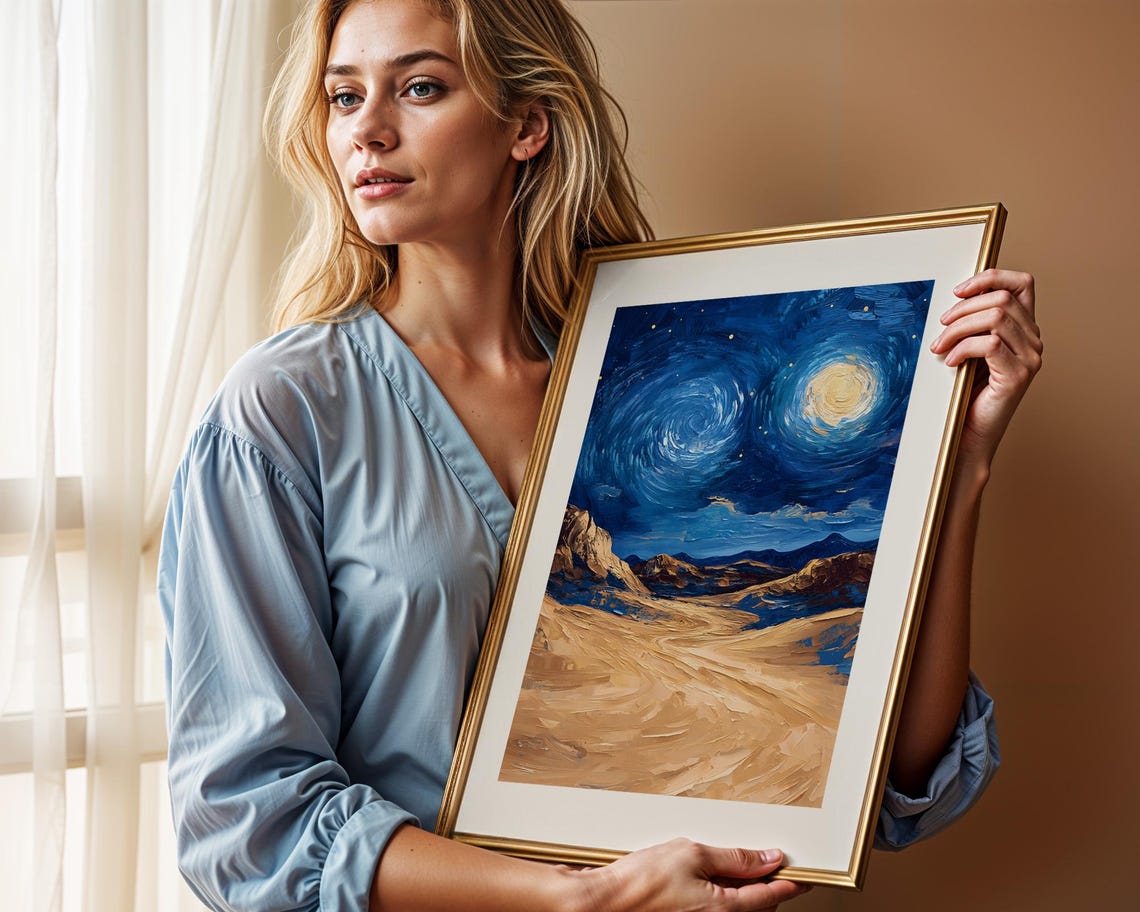 Starry Night Desert Mountains Swirling Sky Dramatic Dunes Poster - Image 2