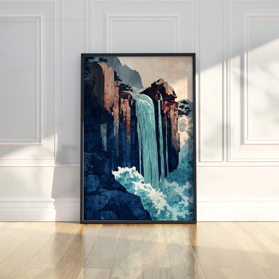 Japanese Waterfall Art Poster with Red Rock Cliffs and Blue Rapids