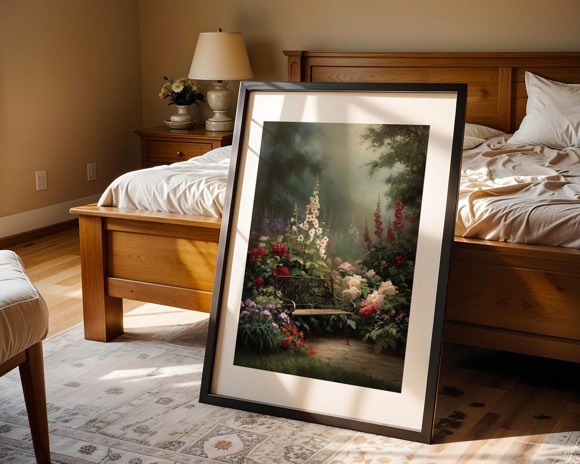 Misty Flower Garden with Iron Bench Romantic Painting Poster - Image 4