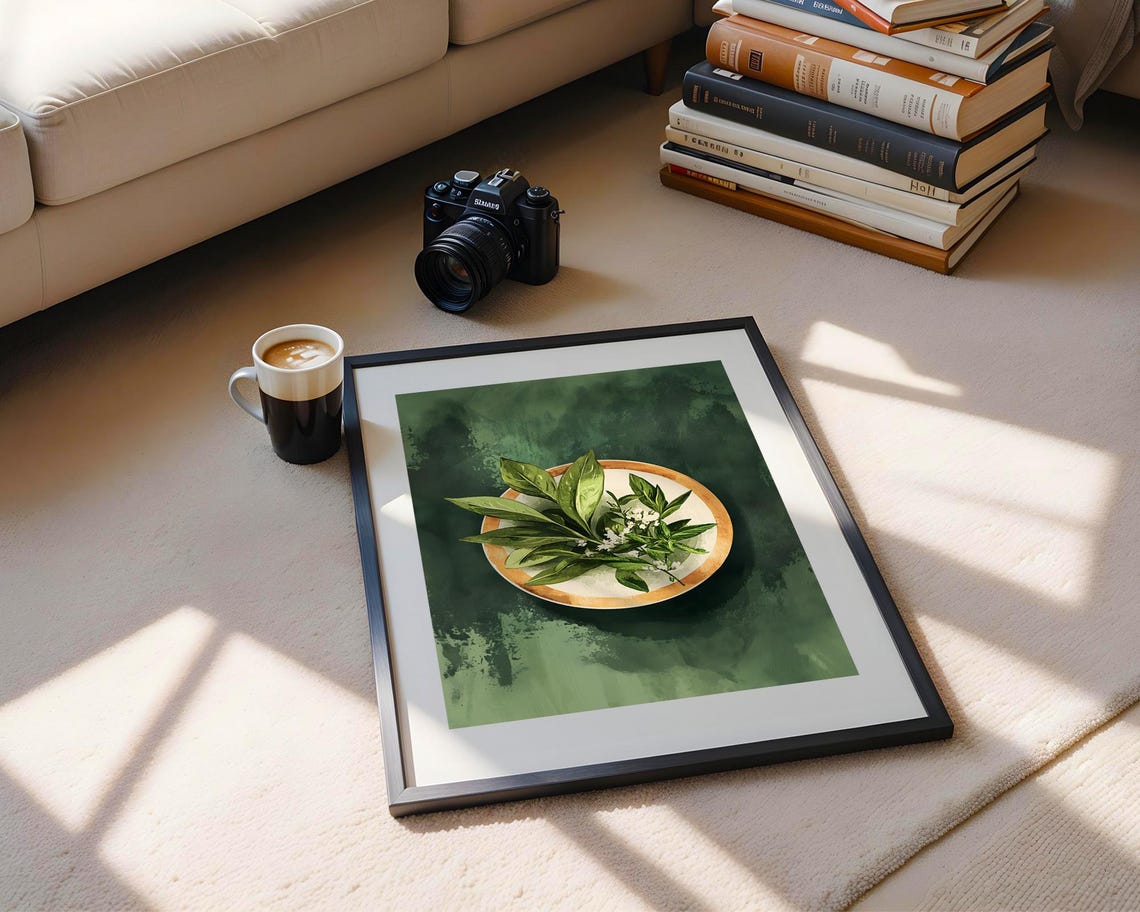 Green Leafy Plant Copper Bowl Overhead Botanical Still Life Wall Art - Image 5