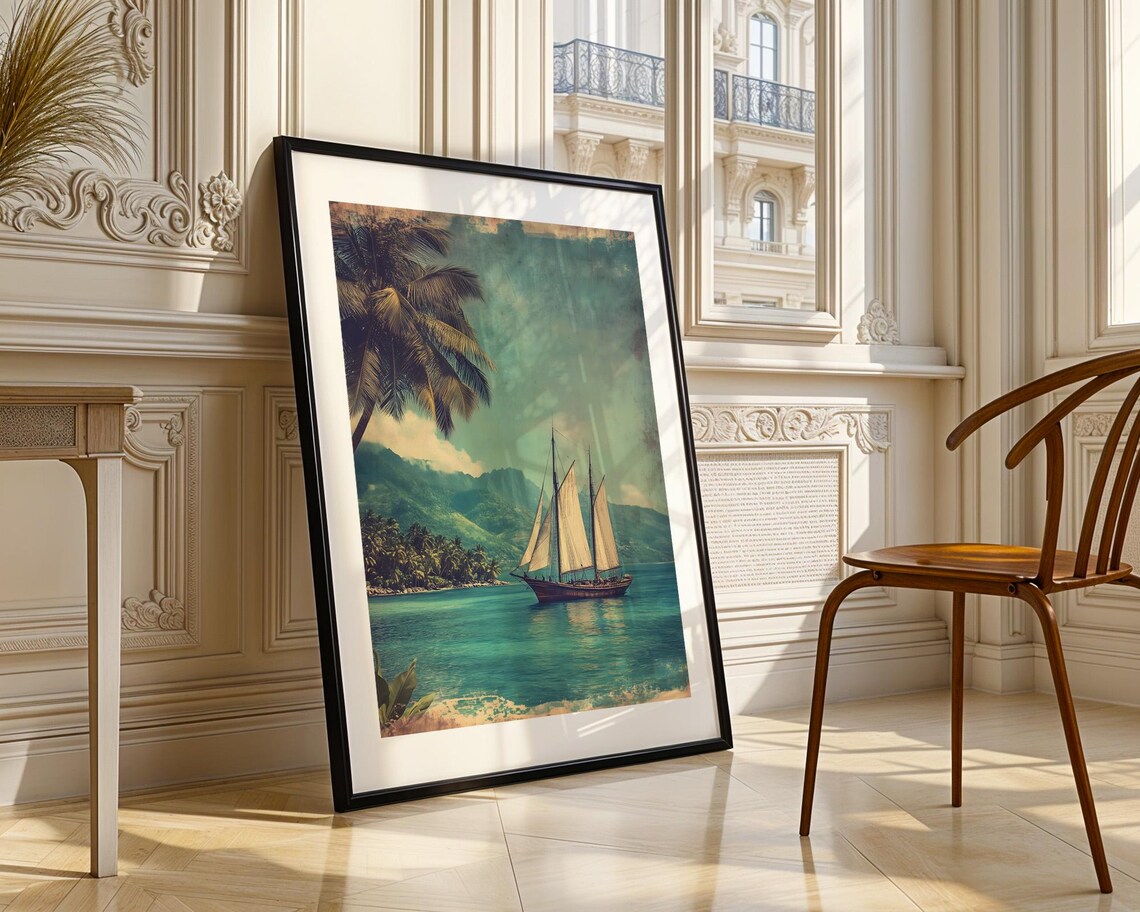 Vintage Wooden Sailboat on Tropical Coast Seascape Art Poster - Image 3