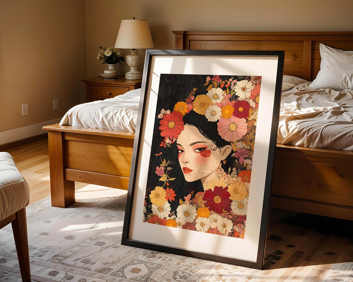 Woman Floral Portrait Colorful Flower Blooms Illustrative Art Poster - Image 4