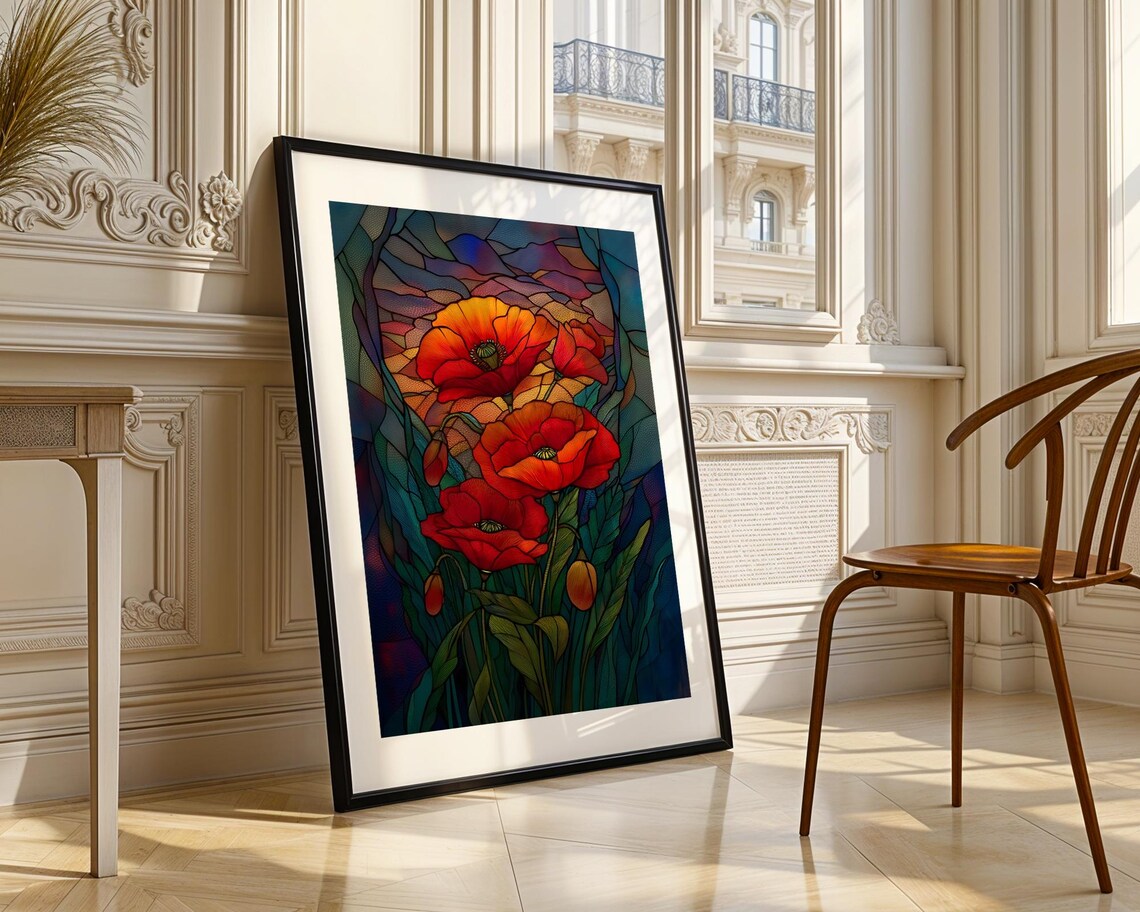 Vivid Glowing Red Poppies Stained Glass Style Floral Decor Poster - Image 3