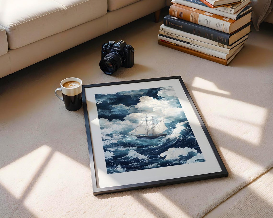 Tall Sailing Ship On Stormy Ocean Waves Watercolor Painting Poster - Image 6