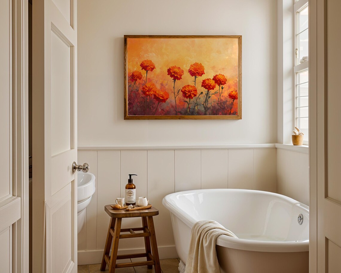 Burnt Orange Marigolds Golden Glow Textured Floral Oil Painting Poster - Image 3