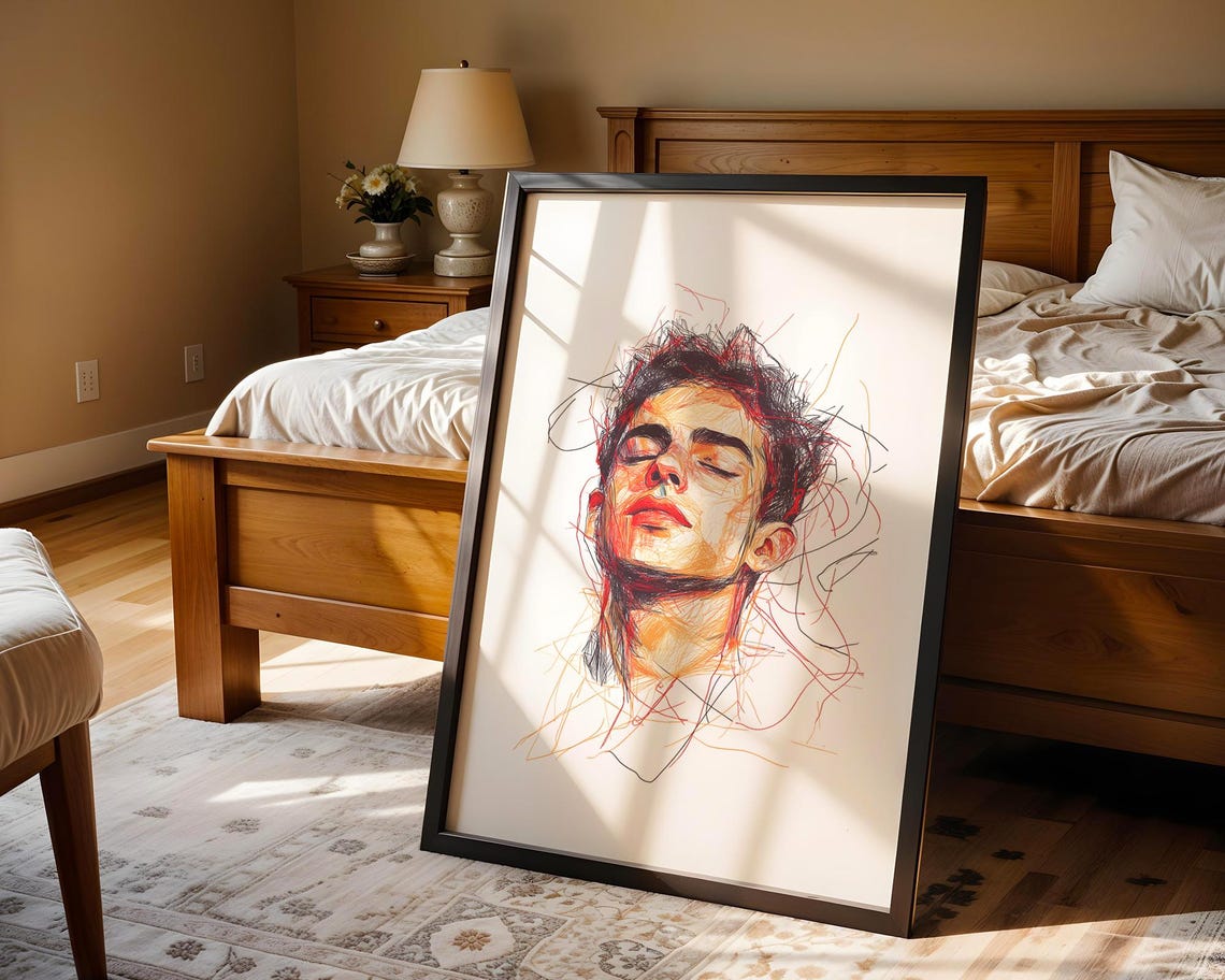 Abstract Male Portrait Colorful Line Art Contemporary Drawing Poster - Image 4