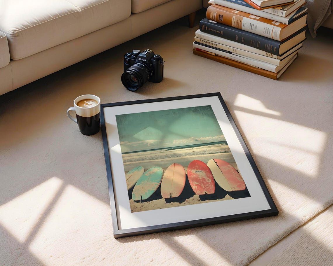 Vintage Surfboards On Beach Retro Coastal Surfing Art Poster - Image 5