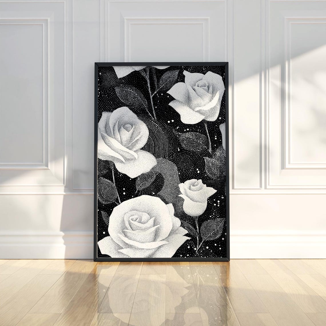 Dramatic White Roses On Black Stipple Art Floral Pointillism Poster
