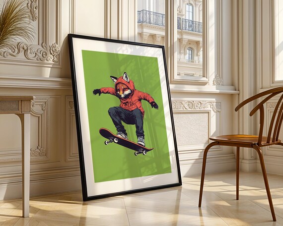 Skateboarding Fox Red Hoodie Kickflip Trick Fresh Green Skater Poster