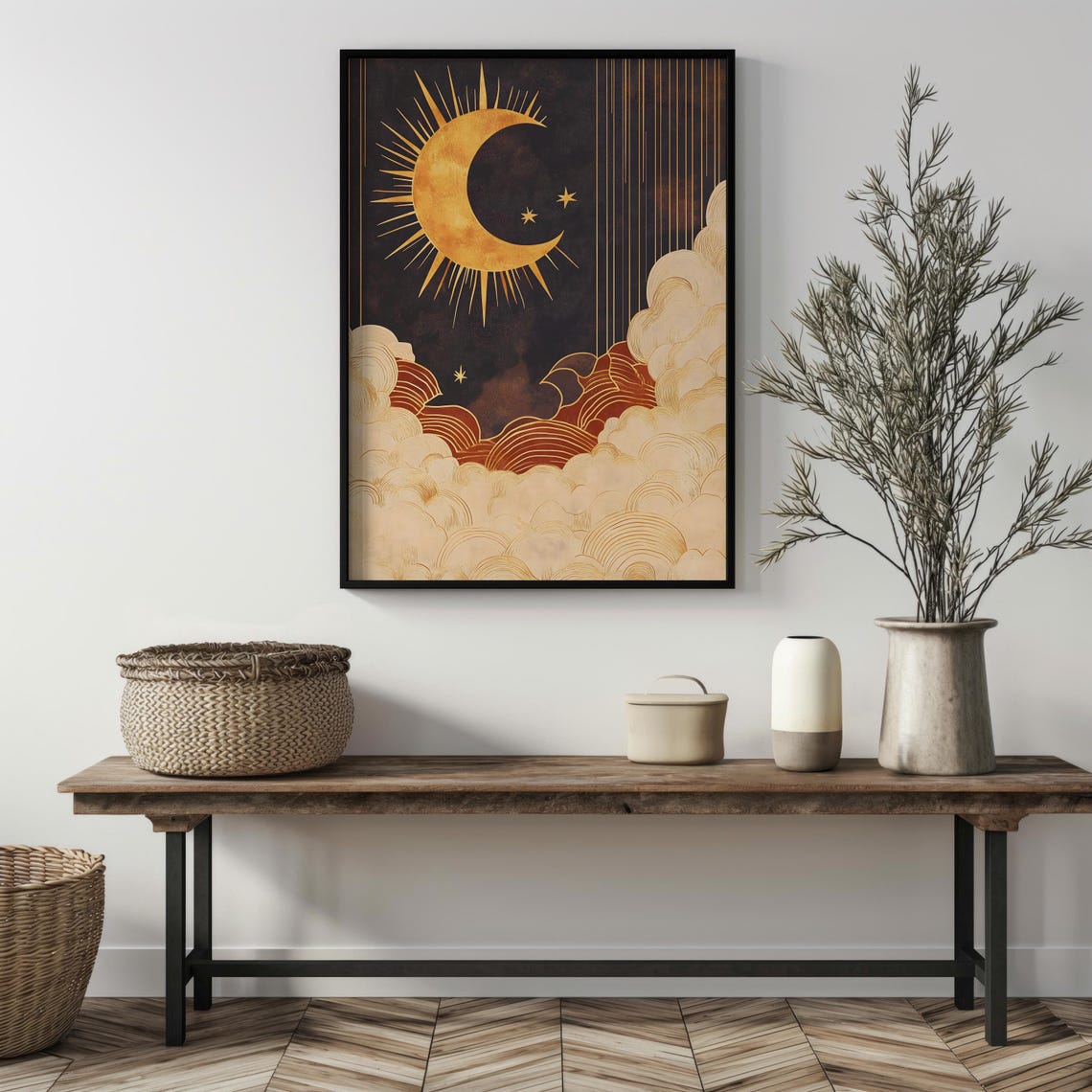 Golden Crescent Moon Stars Boho Mystical Dark Night Sky Wall Art - Image 3