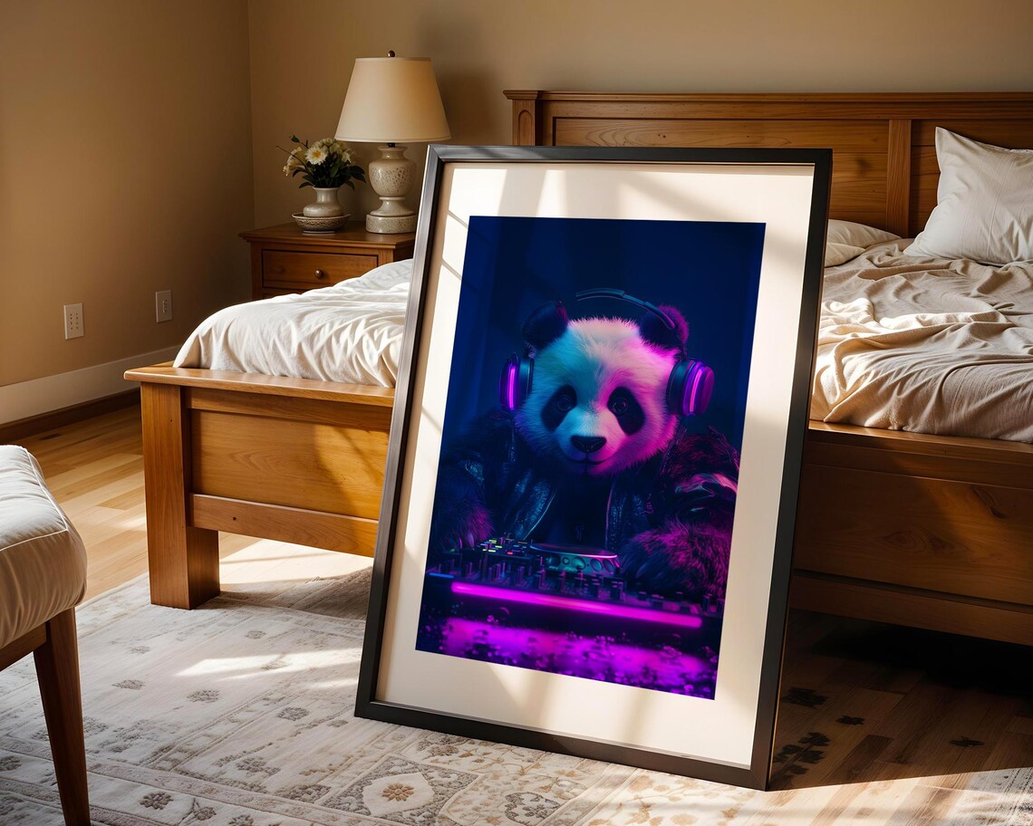 Panda DJ With Cool Headphones Neon Purple Club Music Vibe Poster - Image 3